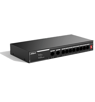 DAHUA SF1010LP - Switch PoE de 10 Puertos Fast Ethernet/ 8 Puertos PoE 10/100 / 65 Watts Totales / 2 Puertos Uplink RJ-45/ PoE watchdog/ Hasta  250 metros/ Switching 12 Gbps/ Protección Contra Descargas