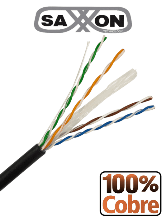 SAXXON OUTP6COP305NE - Bobina de cable UTP Cat6 100% cobre, 305 metros, exterior, con cubierta LDPE, 4 pares, cumple con ISO/IEC 11801 Ed2, EIA/TIA568B y UL. Ideal para redes y video.
