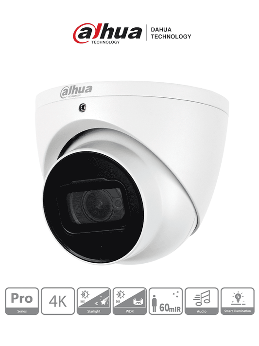 DAHUA HDW2802T-A -Cámara Domo EyeBall 4K Starlight de 8MP, lente de 2.8 mm, IR de 50m, WDR real 120 dB, IP67. Ideal para vigilancia en alta resolución con excelente rendimiento en condiciones de poca luz y protección robusta contra el clima