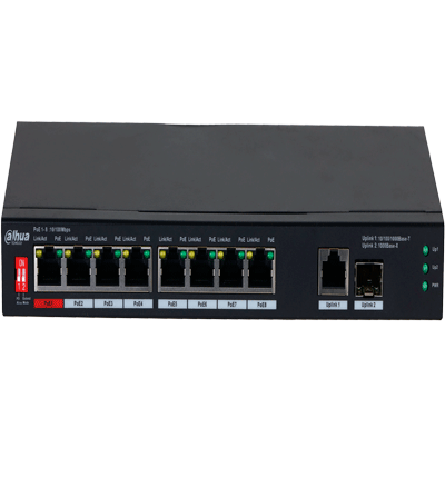 DAHUA PFS3110-8ET1GT1GF-96 -Switch PoE de 10 Puertos/8 Puertos Poe 10/100/1Puerto SFP de1000 Mbps/1 Puerto Uplink de 10/100/1000/ 96 Watts Totales/ Alimentación hasta 250 Mts/Soporta PoE Whatchdog/Puerto Rojo soporta IEEE 802.3bt/