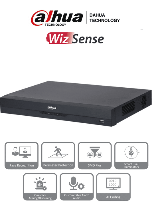 DAHUA XVR5216AN-I3 - DVR de 16 Canales de 5 Megapíxeles Lite/ WizSense/ H.265+/ 2 Bahías de Discos Duros/ 16 Canales + 8 Canales IP/ Hasta 24 Ch IP/ 2 Canales de Reconocimiento Facial/ Codificación IA/ SMD Plus/ Proteccion Perimetral/