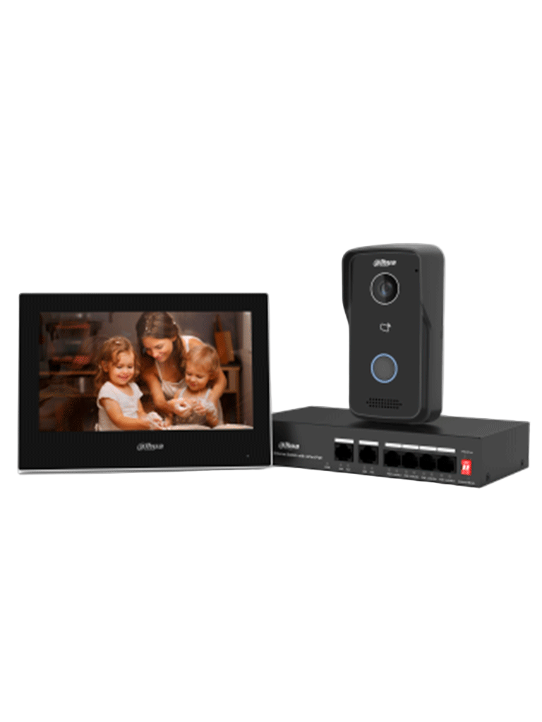 DAHUA KTP03-V2 - Kit de Videportero IP/ Monitor de 7 Pulgadas. Frente de Calle y Switch PoE/ 6&1 E&S de Alarma/ Frente de Calle IP65/ IR/ Apertura Remota / Switch de 4 Puertos PoE 10/100/ 2 Puertos Uplink/ Controla 1 Puerta/
