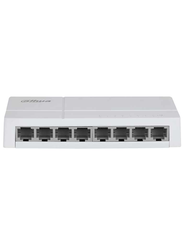 DAHUA DH-SF1008L - Switch de Escritorio con 8 puertos Fast Ethernet (10/100 Mbps), diseño compacto de capa 2, con capacidad de switching de 1.6 Gbps y velocidad de reenvío de paquetes de 1.19 Mpps. Ideal para redes eficientes y compactas.