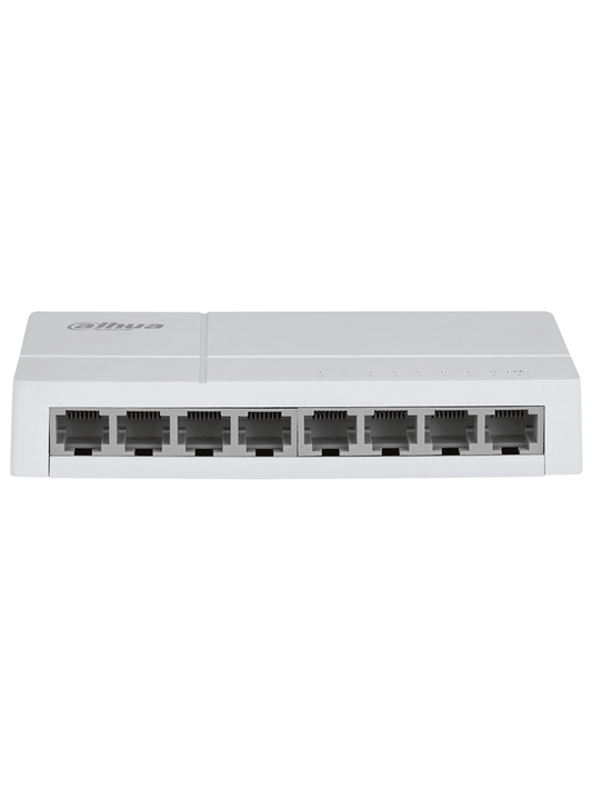 DAHUA DH-SF1008L - Switch de Escritorio con 8 puertos Fast Ethernet (10/100 Mbps), diseño compacto de capa 2, con capacidad de switching de 1.6 Gbps y velocidad de reenvío de paquetes de 1.19 Mpps. Ideal para redes eficientes y compactas.