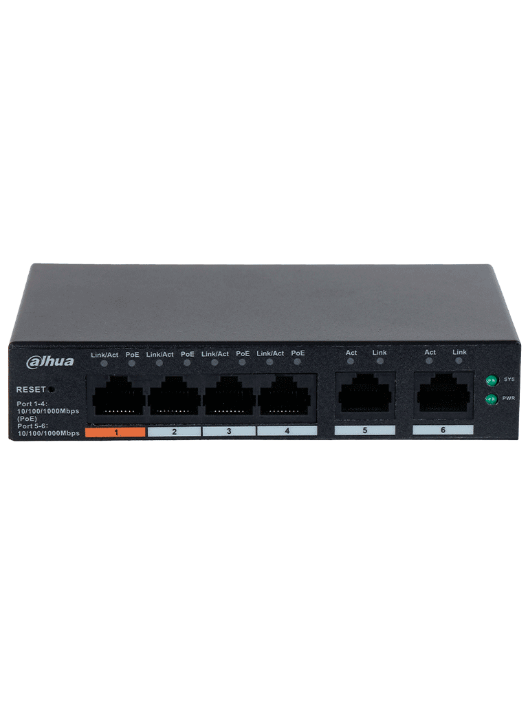 DAHUA CS4006-4GT-60 - Switch PoE de 6 Puertos Gigabit/ 4 Puertos PoE 10/100/1000/ 2 Puertos Uplink 10/100/1000/ 60 Watts Totales/ Administrable en la Nube por DoLynk Care/ PoE Hasta 250 Metros/ Carcasa Metalica/ Switching 12 Gbps