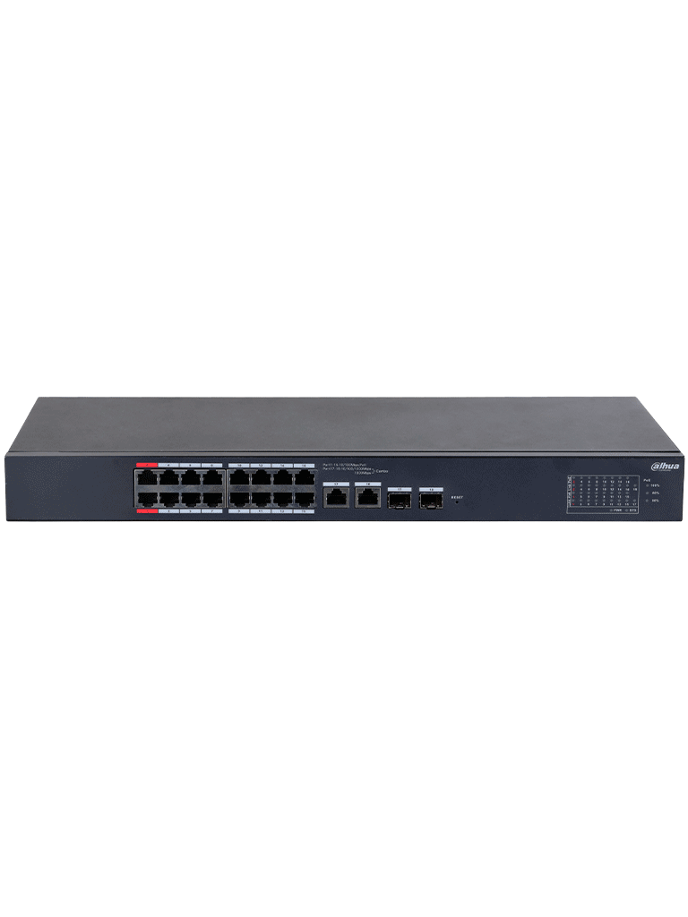 DAHUA CS4218-16ET-135 - Switch PoE de 18 Puertos/ 16 Puertos Poe 10/100/ 2 Puertos Uplink 10/100/1000 + 2 Puertos SFP/ 135 Watts Totales/ Administrable en la Nube por DoLynk Care/ PoE Hasta 250 Metros/ Carcasa Metalica/ Switching 7.2 Gbps
