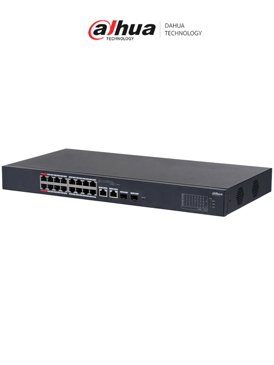 DAHUA CS4218-16ET-135 - Switch PoE de 18 Puertos/ 16 Puertos Poe 10/100/ 2 Puertos Uplink 10/100/1000 + 2 Puertos SFP/ 135 Watts Totales/ Administrable en la Nube por DoLynk Care/ PoE Hasta 250 Metros/ Carcasa Metalica/ Switching 7.2 Gbps