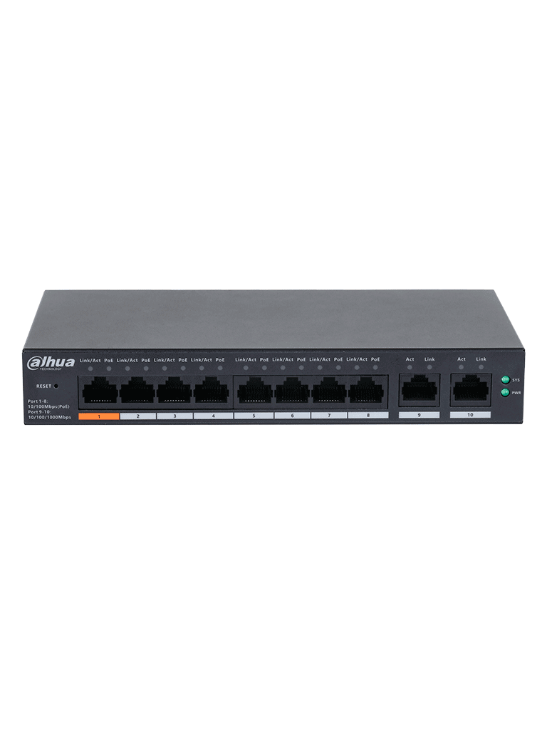 DAHUA DH-CS4010-8ET-60 Switch Poe de 8 Puertos / Poe Inteligente/ 60Watts Totales/ 2 Puertos uplink/ Switching 4.8Gbps/ Protección de Descargas/ DoLynk Care/