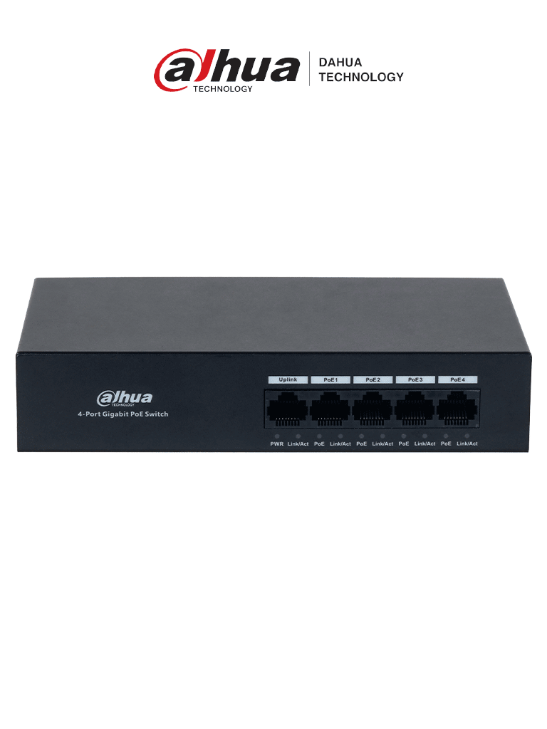 DAHUA DH-PFS3005-4GT-36 - Switch con 4 puertos Gigabit PoE y 1 puerto Uplink RJ45 10/100/1000 Mbps. Ofrece protección contra descargas eléctricas, ideal para alimentar dispositivos IP. Incluye fuente de Poder.