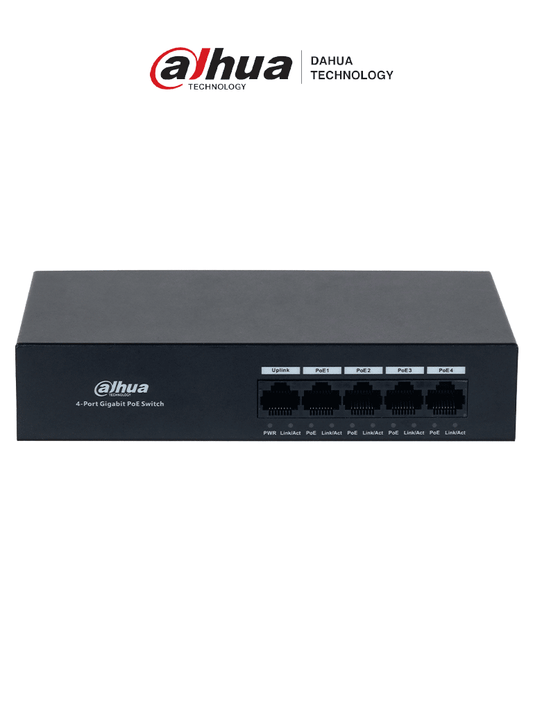 DAHUA DH-PFS3005-4GT-36 - Switch con 4 puertos Gigabit PoE y 1 puerto Uplink RJ45 10/100/1000 Mbps. Ofrece protección contra descargas eléctricas, ideal para alimentar dispositivos IP. Incluye fuente de Poder.