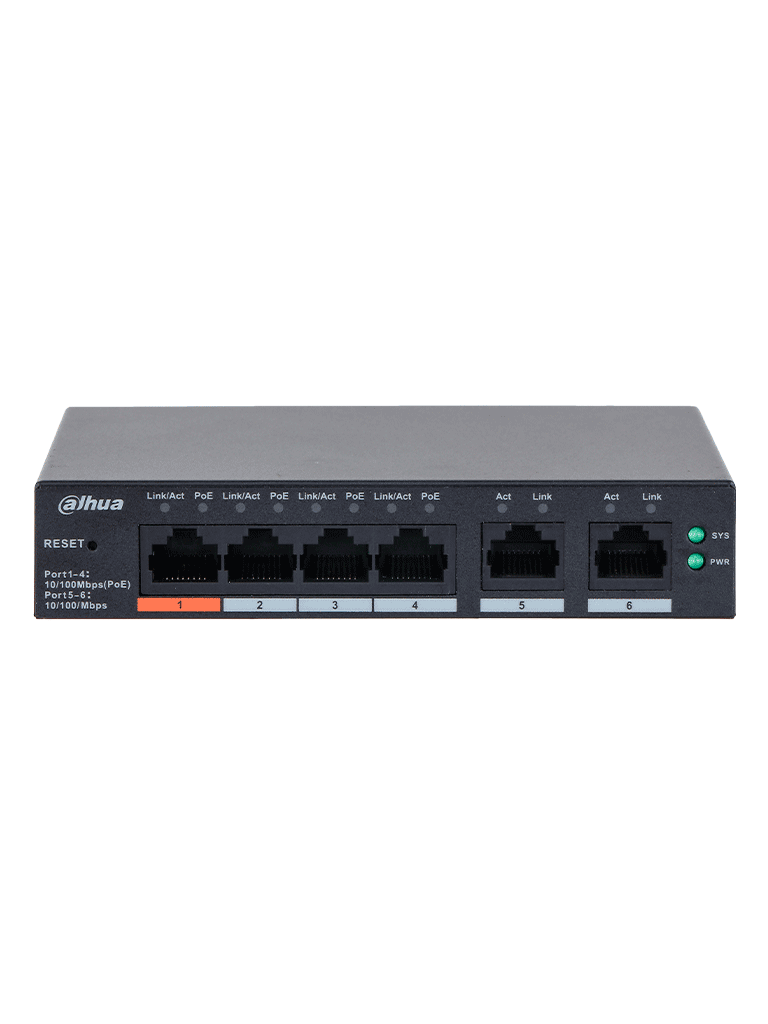 DAHUA DH-CS4006-4ET2ET-60 - Switch PoE de 6 Puertos Administrable con 4 PoE (10/100 Mbps) y 2 uplink (10/100 Mbps). Total de 65 W PoE, administración en la nube con DoLynk Care, carcasa metálica robusta, ideal para redes IP.