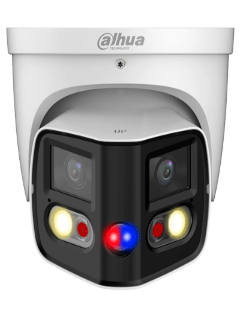 DAHUA IPC-PDW3849-A180-AS-PV Cámara IP WizSense Eyeball con multivisión en dos sensores de 4MP, ofreciendo un ángulo de 180°. Con IR de 25 m, LED de 20 m, disuasión activa, ePTZ, micrófono, altavoz, y protección IP67.