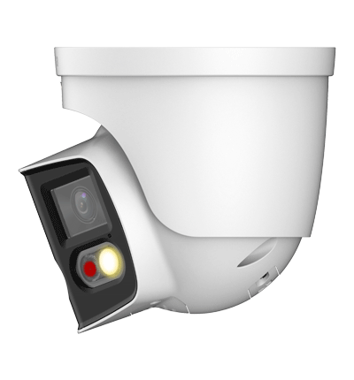 DAHUA IPC-PDW3849-A180-AS-PV Cámara IP WizSense Eyeball con multivisión en dos sensores de 4MP, ofreciendo un ángulo de 180°. Con IR de 25 m, LED de 20 m, disuasión activa, ePTZ, micrófono, altavoz, y protección IP67.