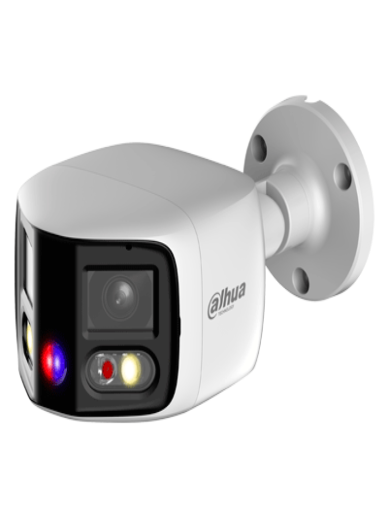 DAHUA IPC-PFW3849S-A180-AS-PV Cámara IP Bullet WizSense 2x4MP con visión de 180°, MultiVision, LED IR 25m y luz cálida 20m. Disuasión activa con micrófono dual y altavoz integrado, EPTZ, SMD 4.0, PoE, IP67, y ranura MicroSD. Ideal para seguridad avanzada.