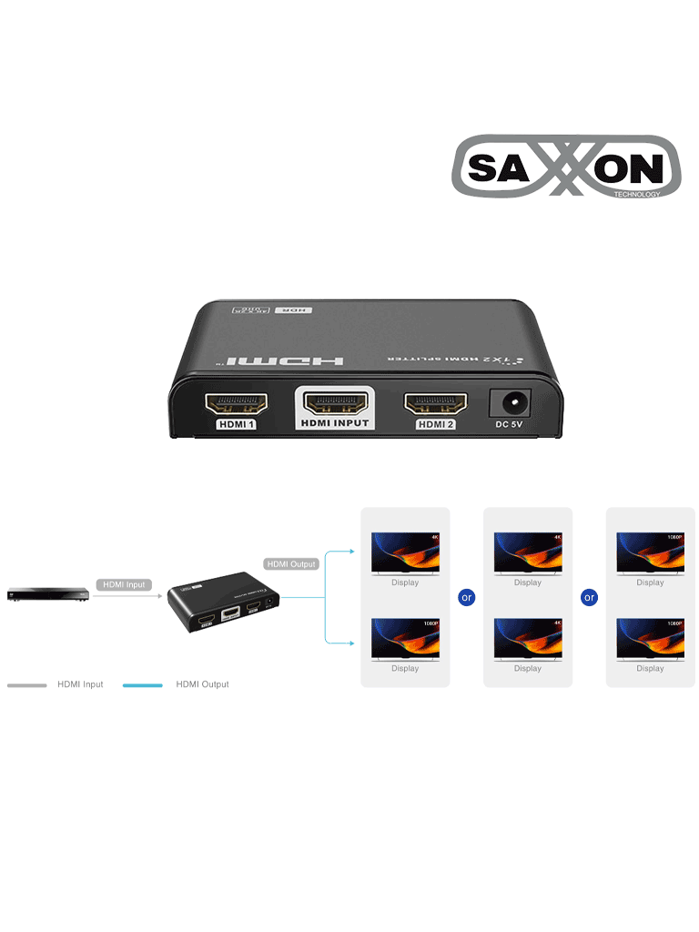 SAXXON LKV312HDR-V2.0 - Divisor de Video HDMI 4K de 1 Entrada y 2 salidas/ Soporta Resolución 4Kx2K @30Hz/ 1080P Full HD/ Distancia de 10 Metros en Entrada y Salidas/ Switch EDID para Autoajuste de Resolución/
