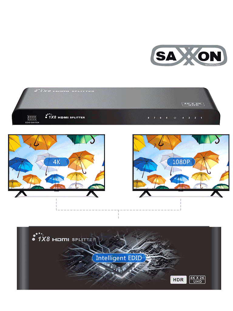 SAXXON LKV318HDR-V2.0 - Divisor de Video HDMI  de 1 Entrada y 8 Salidas/ Soporta Resolución Ultra HD 4K&2K @30 Hz/ Distancia  de 10 Metros en Entrada y Salida/ Switch EDID/