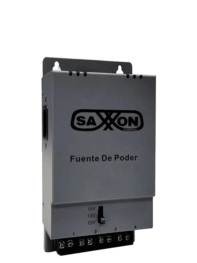 SAXXON ENERGIA PSU1205A - Fuente de poder Regulable Metálica/ Conexión de Hasta 4 Canales/ Voltaje de Ajuste 12V 13V o 15V cc/ Salida de Hasta 5 Amp en los 4 Canales/ Instalación en Pared