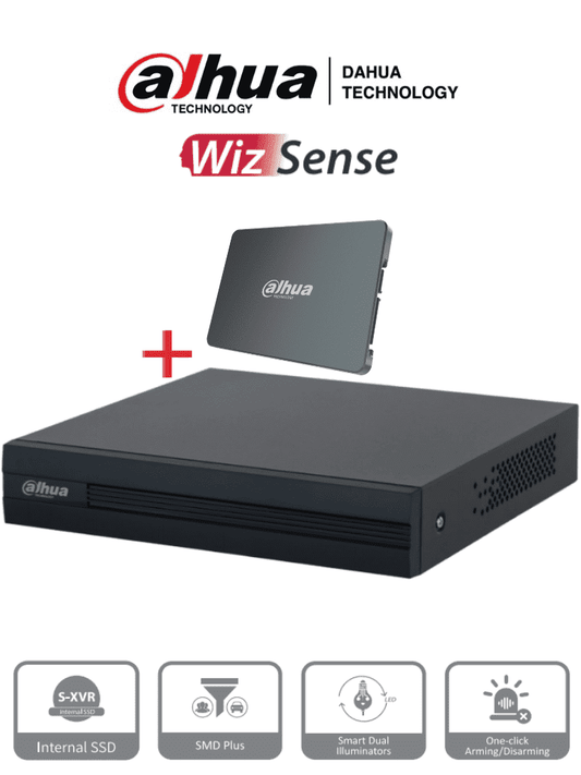 DAHUA XVR1B04-I-SSD - DVR de 4 canales 1080p Lite/ Con disco SSD de 512GB Especial para Videovigilancia/ S-XVR Series/ WizSense/ H.265+/ 4 canales con SMD Plus/ Búsqueda inteligente (Humanos y vehículos)/