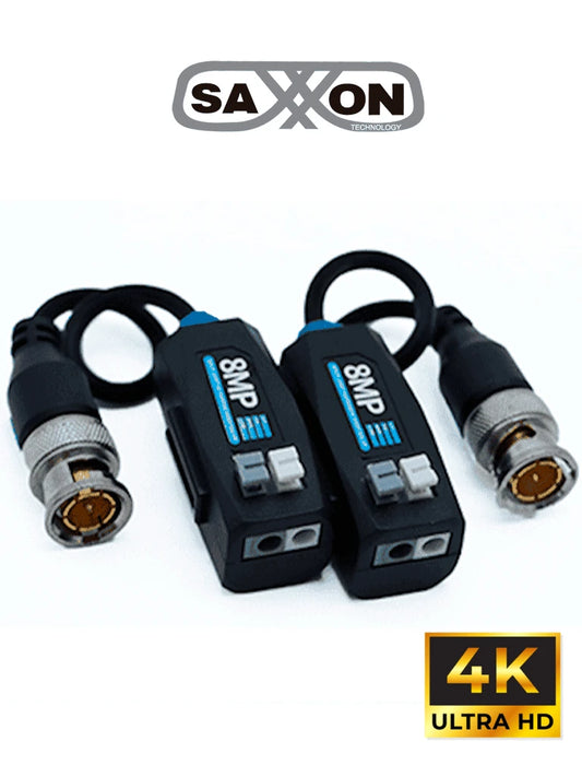 SAXXON SXCF800 - Par de Transceptores Pasivos 4K / Botónes Push /  8MP ( 4K ) hasta 200 Metros / 1080P hasta 250 Metros / Soporta HDCVI / AHD / TVI / CBVS / Fácil Conexión