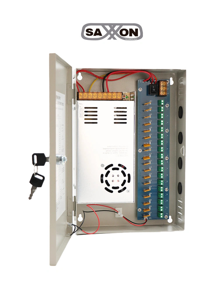 SAXXON SX30A18CH - Fuente de Poder Profesional 12 VCD / 30 Amperes / 18 Canales / 1.6 Amperes por Canal / Protección contra Sobrecargas / Led Indicador de Funcionamiento / Con Switch 110/220V