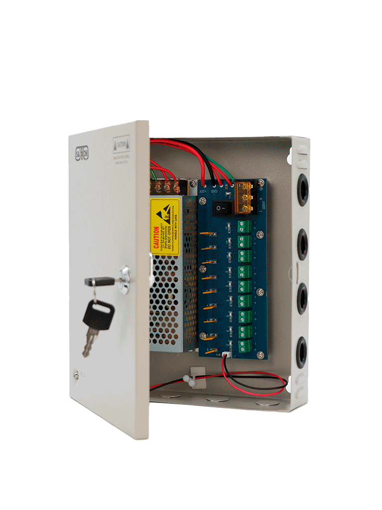 SAXXON SX10A9CH - Fuente de Poder Profesional 12 VCD / 10 Amperes / 9 Canales / 1.1 Amperes por Canal / Protección contra Sobrecargas / Led Indicador de Funcionamiento
