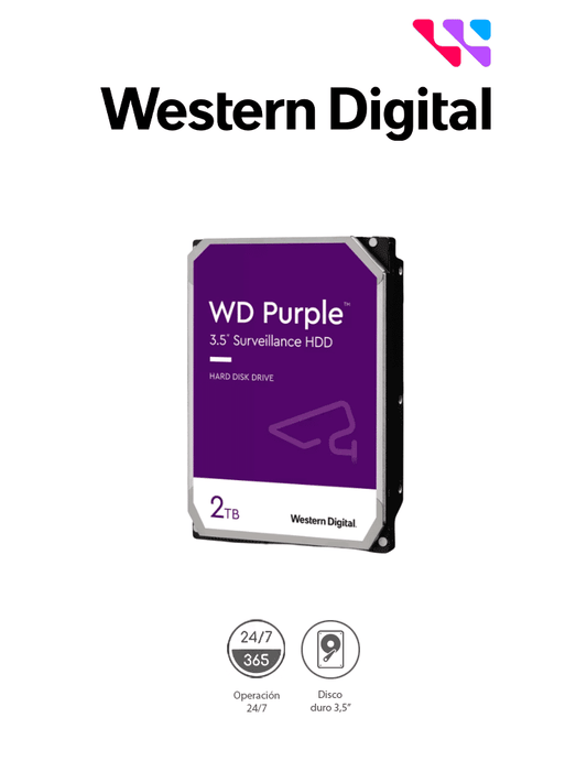 WESTERN DIGITAL WD23PURZ - Disco duro de 2TB / Serie Purple para videovigilancia / Trabajo 24/7/ Interface: Sata 6 Gb/s/ Hasta 64 Cámaras/ Hasta 8 Bahías de Discos Duros/ 3 Años de Garantía