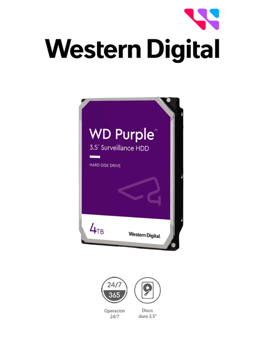 WESTERN DIGITAL WD43PURZ -  Disco Duro de 4TB Purple/ Especial para Videovigilancia/ Trabajo 24/7/ Interface: Sata 6 Gb/s/ Hasta 64 Cámaras/ Hasta 16 Bahías de Discos Duros/ 180Mb/S /3 Años de Garantía