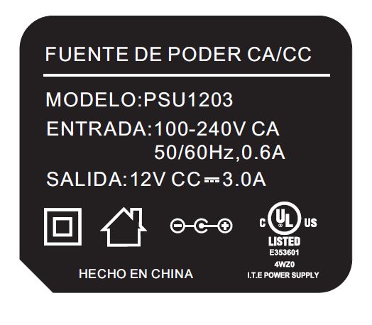 SAXXON PSU1203 - Fuente de Poder Regulada de 12 Vcc 3 Amperes/ Cable de 1.2 Metros/ Para Usos Multiples: Sistemas de CCTV, Acceso, Asistencia, etc/ Certificación UL/