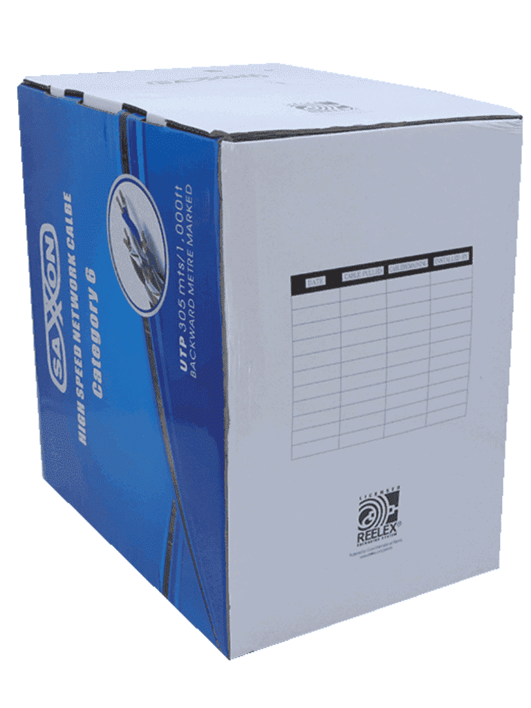 SAXXON OUTP6COP305BC - Bobina de cable UTP Cat6 100% cobre, 305 metros, bobinado REELEX, color blanco, para uso interior, con 4 pares, soporta pruebas de rendimiento, certificaciones UL444, ISO9001 y RoHS.