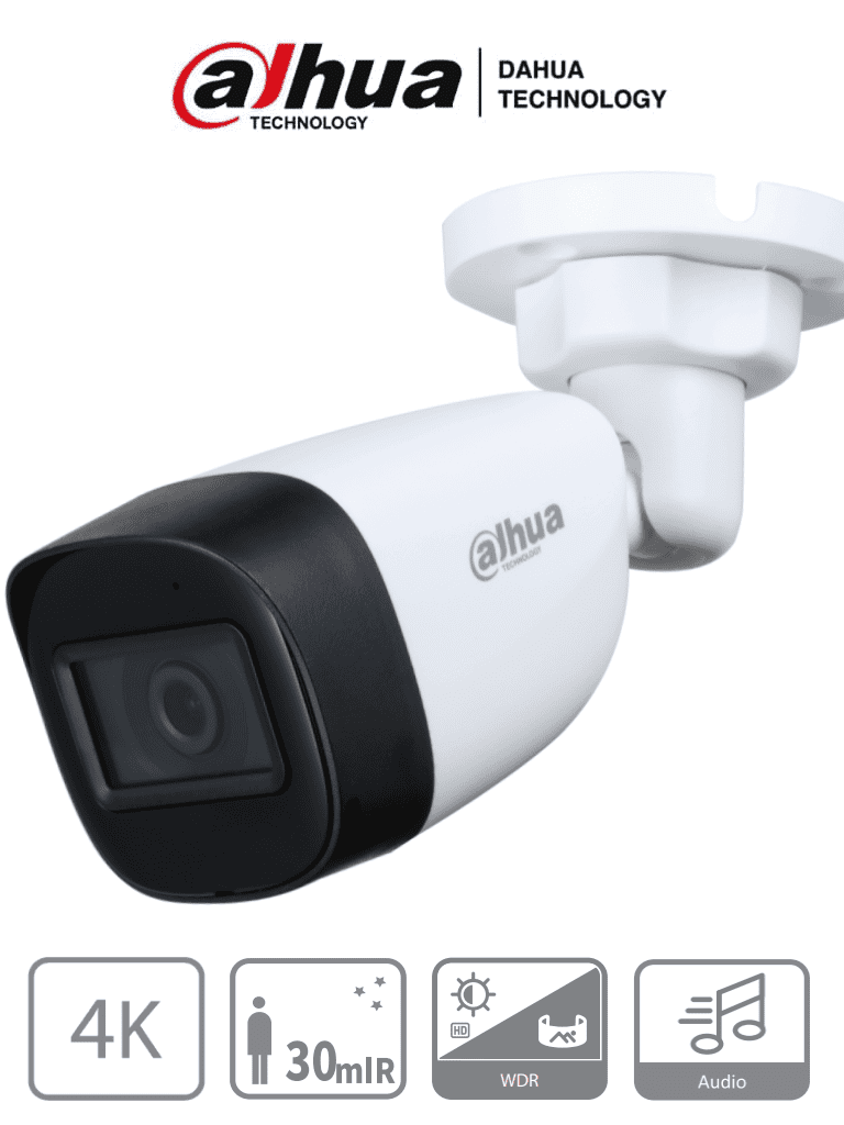 DAHUA HAC-HFW1801CN-A-0280B-S2 - Cámara Bullet 4k con Micrófono Integrado/ 8 Megapixeles/ Lente de 2.8 mm/ 106 Grados de Apertura/ 30 Metros de IR/ WDR Real de 120 dB/ Soporta: CVI/TVI/AHD/CVBS/