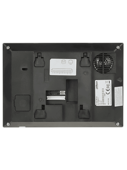 DAHUA VTH2621G-P - Monitor IP táctil de 7" en negro, Serie Lite, ideal para interiores. Soporta PoE estándar, hasta 4 cámaras de entrada y 4 monitores adicionales. Incluye modo No Molestar, 6 entradas/salidas de alarma, y compresión H.265.