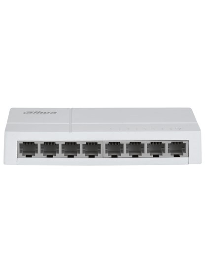 DAHUA DH-SF1008L - Switch de Escritorio con 8 puertos Fast Ethernet (10/100 Mbps), diseño compacto de capa 2, con capacidad de switching de 1.6 Gbps y velocidad de reenvío de paquetes de 1.19 Mpps. Ideal para redes eficientes y compactas.