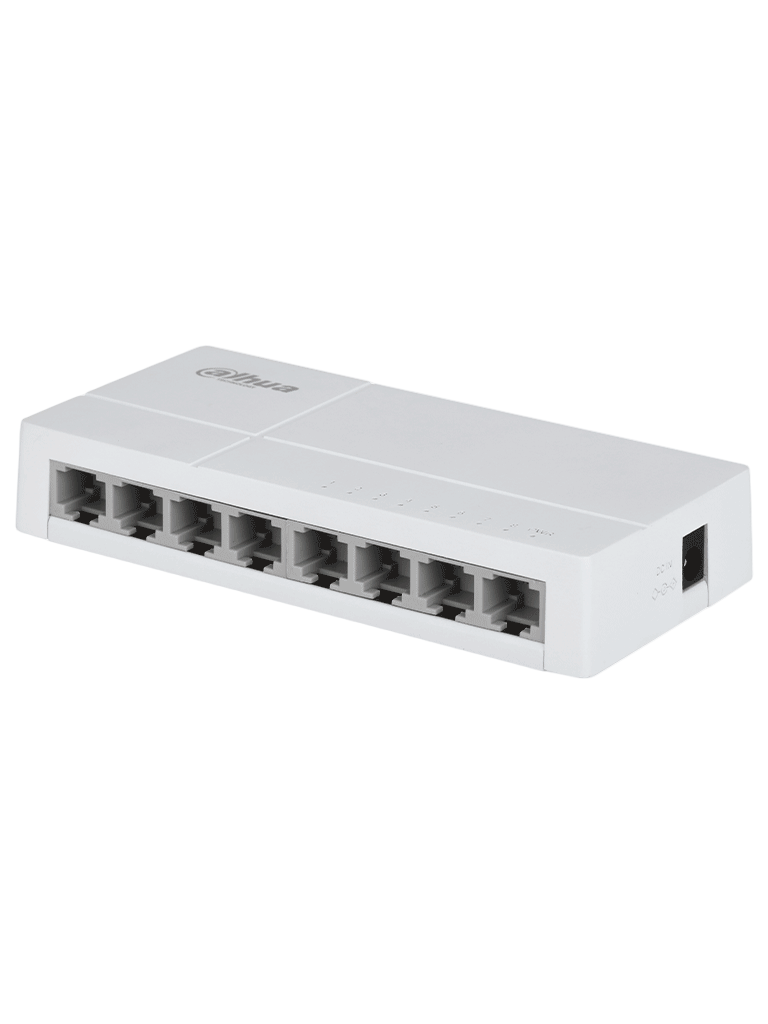 DAHUA DH-SF1008L - Switch de Escritorio con 8 puertos Fast Ethernet (10/100 Mbps), diseño compacto de capa 2, con capacidad de switching de 1.6 Gbps y velocidad de reenvío de paquetes de 1.19 Mpps. Ideal para redes eficientes y compactas.