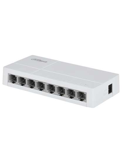 DAHUA DH-SF1008L - Switch de Escritorio con 8 puertos Fast Ethernet (10/100 Mbps), diseño compacto de capa 2, con capacidad de switching de 1.6 Gbps y velocidad de reenvío de paquetes de 1.19 Mpps. Ideal para redes eficientes y compactas.