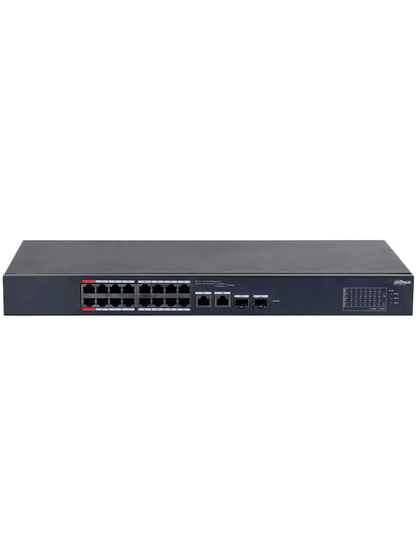 DAHUA CS4218-16ET-135 - Switch PoE de 18 Puertos/ 16 Puertos Poe 10/100/ 2 Puertos Uplink 10/100/1000 + 2 Puertos SFP/ 135 Watts Totales/ Administrable en la Nube por DoLynk Care/ PoE Hasta 250 Metros/ Carcasa Metalica/ Switching 7.2 Gbps