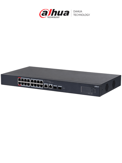 DAHUA CS4218-16ET-135 - Switch PoE de 18 Puertos/ 16 Puertos Poe 10/100/ 2 Puertos Uplink 10/100/1000 + 2 Puertos SFP/ 135 Watts Totales/ Administrable en la Nube por DoLynk Care/ PoE Hasta 250 Metros/ Carcasa Metalica/ Switching 7.2 Gbps