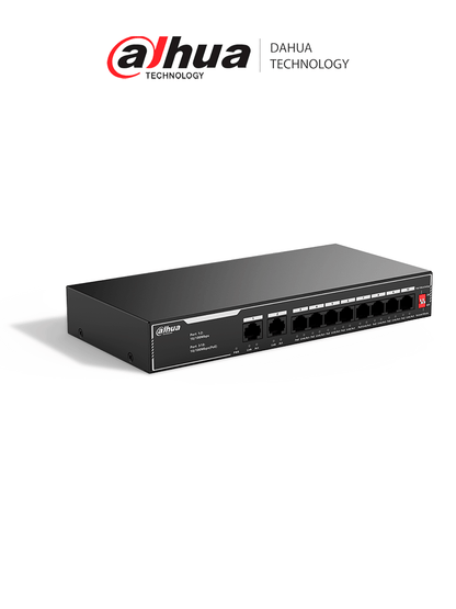 DAHUA SF1010LP - Switch PoE de 10 Puertos Fast Ethernet/ 8 Puertos PoE 10/100 / 65 Watts Totales / 2 Puertos Uplink RJ-45/ PoE watchdog/ Hasta  250 metros/ Switching 12 Gbps/ Protección Contra Descargas
