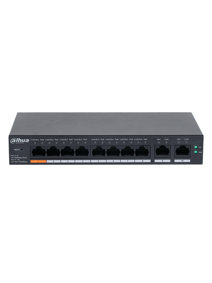 DAHUA DH-CS4010-8ET-60 Switch Poe de 8 Puertos / Poe Inteligente/ 60Watts Totales/ 2 Puertos uplink/ Switching 4.8Gbps/ Protección de Descargas/ DoLynk Care/