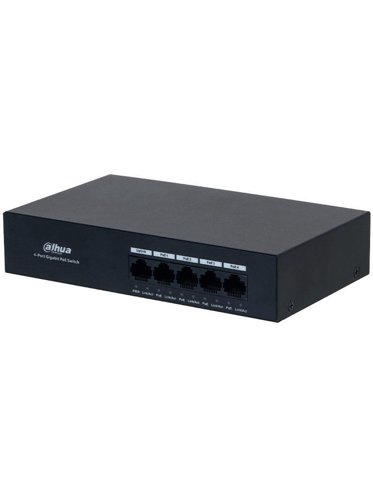 DAHUA DH-PFS3005-4GT-36 - Switch con 4 puertos Gigabit PoE y 1 puerto Uplink RJ45 10/100/1000 Mbps. Ofrece protección contra descargas eléctricas, ideal para alimentar dispositivos IP. Incluye fuente de Poder.