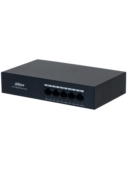 DAHUA DH-PFS3005-4GT-36 - Switch con 4 puertos Gigabit PoE y 1 puerto Uplink RJ45 10/100/1000 Mbps. Ofrece protección contra descargas eléctricas, ideal para alimentar dispositivos IP. Incluye fuente de Poder.