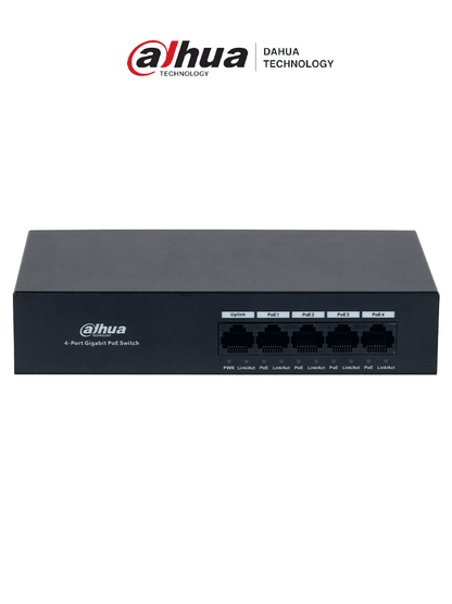 DAHUA DH-PFS3005-4GT-36 - Switch con 4 puertos Gigabit PoE y 1 puerto Uplink RJ45 10/100/1000 Mbps. Ofrece protección contra descargas eléctricas, ideal para alimentar dispositivos IP. Incluye fuente de Poder.