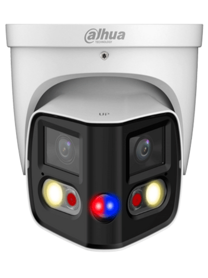 DAHUA IPC-PDW3849-A180-AS-PV Cámara IP WizSense Eyeball con multivisión en dos sensores de 4MP, ofreciendo un ángulo de 180°. Con IR de 25 m, LED de 20 m, disuasión activa, ePTZ, micrófono, altavoz, y protección IP67.