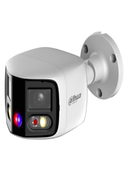 DAHUA IPC-PFW3849S-A180-AS-PV Cámara IP Bullet WizSense 2x4MP con visión de 180°, MultiVision, LED IR 25m y luz cálida 20m. Disuasión activa con micrófono dual y altavoz integrado, EPTZ, SMD 4.0, PoE, IP67, y ranura MicroSD. Ideal para seguridad avanzada.