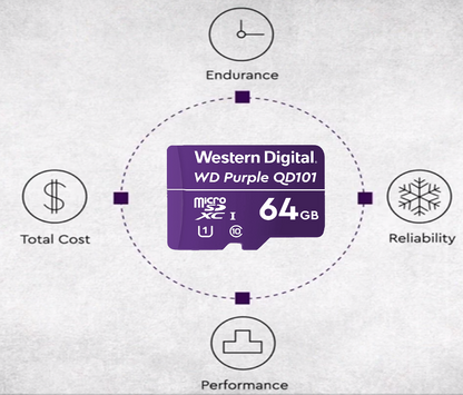 WESTERN WDD064G1P0C- Memoria de 64GB Micro SDXC/ Linea Purple/ Clase 10 U1/ Lectura 50MB/ Escritura 40MB/ Especializada para Videovigilancia