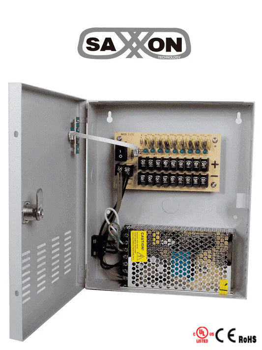 SAXXON PSU1210D9 - Fuente de Poder de 12 vcd/ 10 Amperes/ Para 9 Camaras/ 1.1 Amper por Canal/ Protección contra Sobrecargas/ Certificación UL/