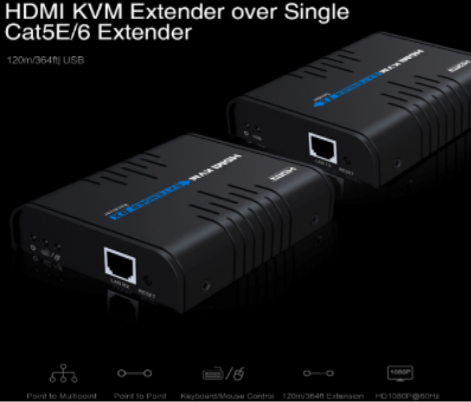 SAXXON LKV373KVM- Kit Extensor HDMI/KVM para Hasta 120 metros/ Resolución 1080p@60Hz/  Soporta Cableado con CAT 5e y 6/ 30 HZ/ 2 Puertos USB para Conectar Teclado y/o Mouse/ 5 VCD/ Plug and Play/ Punto a Punto o Punto Multipunto con Switch/