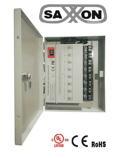 SAXXON PSU1213D8H- Fuente de Poder Profesional de 11 a 15 vcd/ 13 Amperes/ Para 8 Camaras Hasta 4k/ 1.6 Amperes por Canal/  Protección contra Sobrecargas/ Filtro de Ruido por Canal/ Uso rudo/