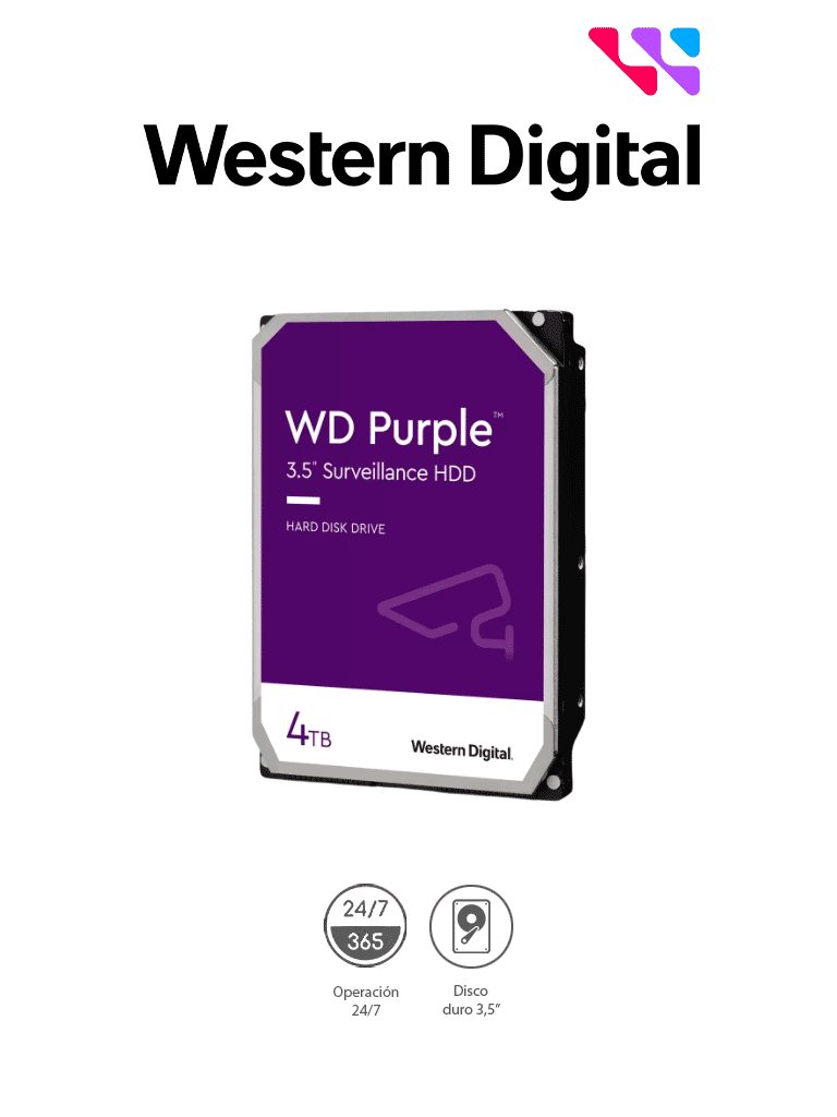 WESTERN DIGITAL WD43PURZ -  Disco Duro de 4TB Purple/ Especial para Videovigilancia/ Trabajo 24/7/ Interface: Sata 6 Gb/s/ Hasta 64 Cámaras/ Hasta 16 Bahías de Discos Duros/ 180Mb/S /3 Años de Garantía