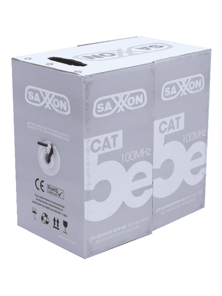 SAXXON OUTPCAT5EGCOPEXT - Bobina de Cable UTP Cat5e 100% Cobre con Gel/ 305 Metros/ Uso Exterior/ Color Negro/ Ideal para Cableado de Redes y Video/